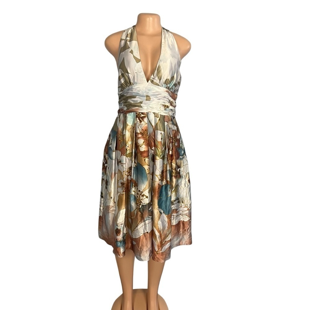 Adrianna Papell Occasions Floral Silk Halter Beaded Dress Brown & Blue